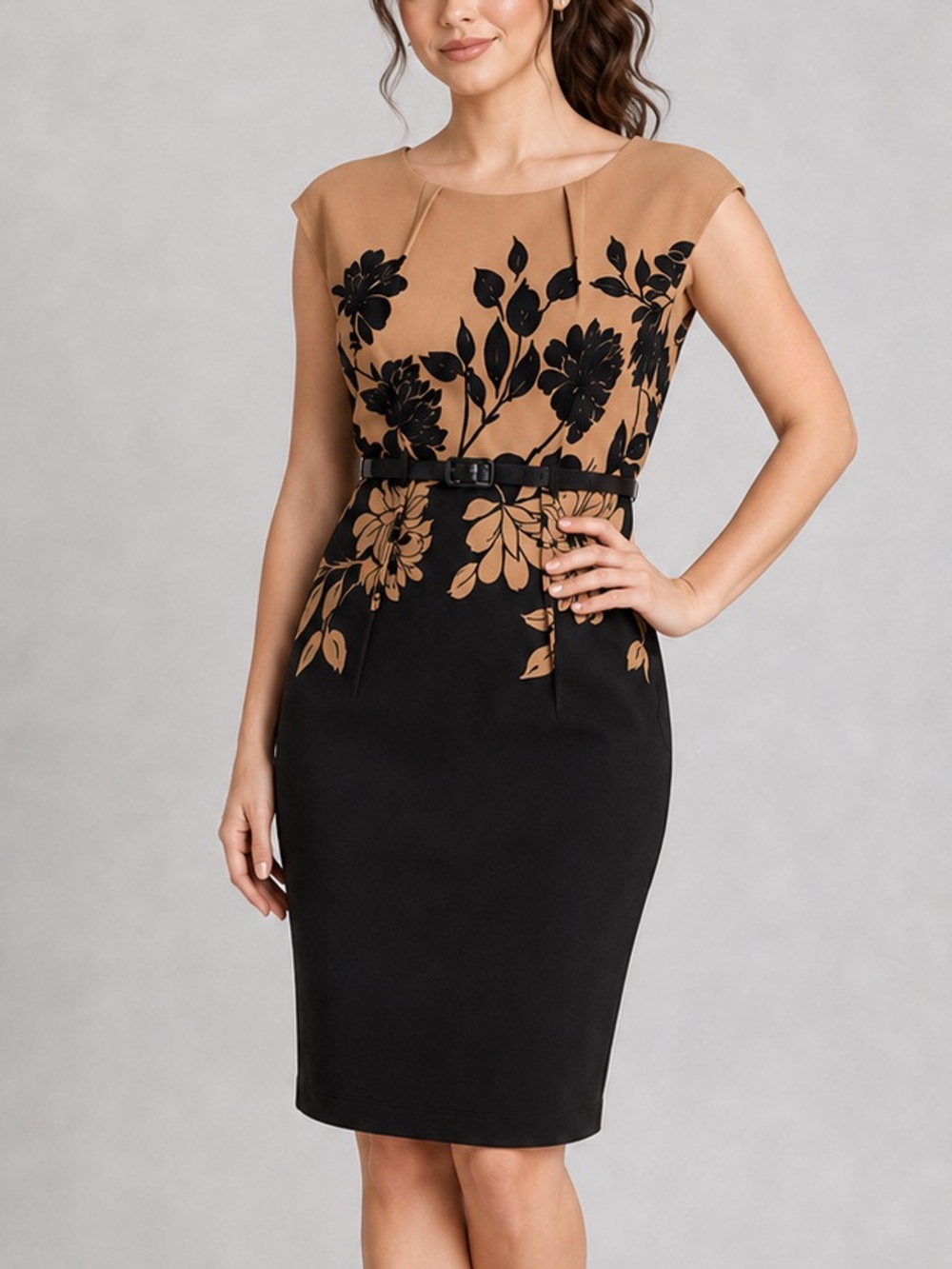 🆕🖤Connected Apparel Size 8 Black Tan Floral Belted Fit & Flare Knee-Length Dress